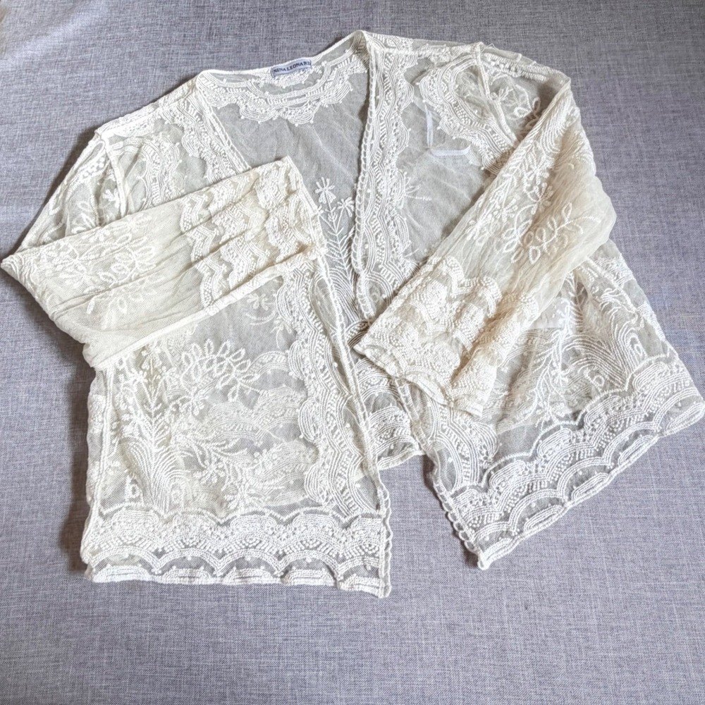Nina Leonard Ivory Sheer Lace Open Cardigan XL Floral Feminine Romantic Coquette